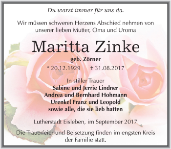 Traueranzeige von Maritta Zinke von Mitteldeutsche Zeitung Mansfelder Land