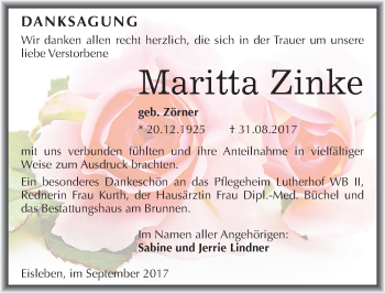 Traueranzeige von Maritta Zinke von Mitteldeutsche Zeitung Mansfelder Land