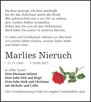Traueranzeige von Marlies Nieruch von WVG - Wochenspiegel Bitterfeld