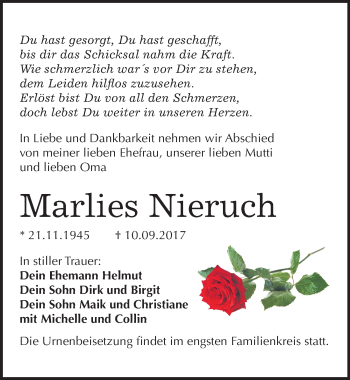 Traueranzeige von Marlies Nieruch von Mitteldeutsche Zeitung Bitterfeld