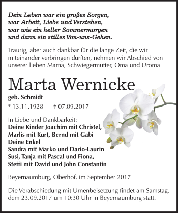 Traueranzeige von Marta Wernicke von Mitteldeutsche Zeitung Sangerhausen