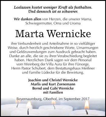 Traueranzeige von Marta Wernicke von Super Sonntag SGH Mansf. Land