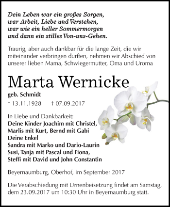 Traueranzeige von Marta Wernicke von Super Sonntag SGH Mansf. Land