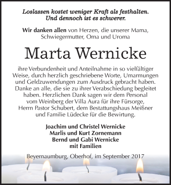 Traueranzeige von Marta Wernicke von Mitteldeutsche Zeitung Sangerhausen