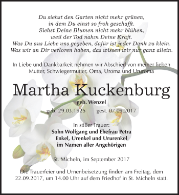 Traueranzeige von Martha Kuckenburg von Mitteldeutsche Zeitung Merseburg/Querfurt
