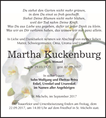 Traueranzeige von Martha Kuckenburg von WVG - Wochenspiegel Merseburg