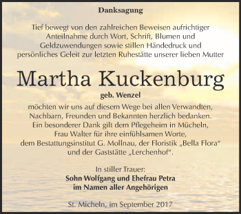 Traueranzeige von Martha Kuckenburg von WVG - Wochenspiegel Merseburg
