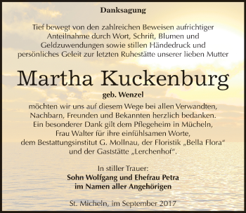 Traueranzeige von Martha Kuckenburg von Mitteldeutsche Zeitung Merseburg/Querfurt