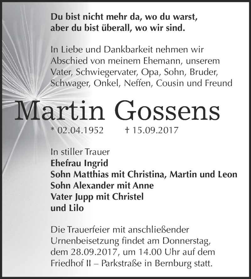  Traueranzeige für Martin Gossens vom 23.09.2017 aus Super Sonntag Bernburg