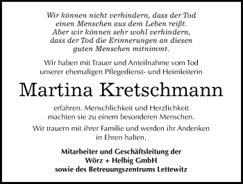Traueranzeige von Martina Kretschmann von Mitteldeutsche Zeitung Halle/Saalkreis
