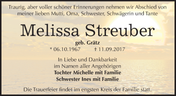 Traueranzeige von Melissa Streuber von Mitteldeutsche Zeitung Dessau-Roßlau