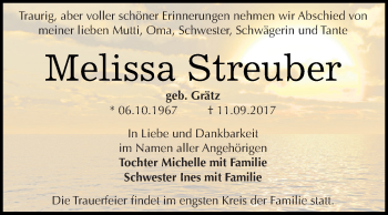 Traueranzeige von Melissa Streuber von WVG - Wochenspiegel Dessau / Köthen