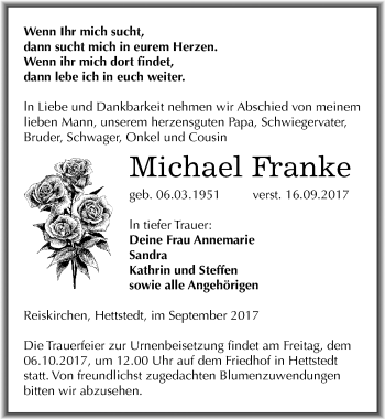 Traueranzeige von Michael Franke von Mitteldeutsche Zeitung Mansfelder Land
