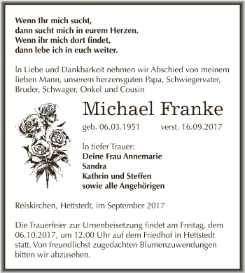 Traueranzeige von Michael Franke von Wochenspiegel Mansfelder Land