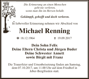 Traueranzeige von Michael Renning von WVG - Wochenspiegel Dessau / Köthen