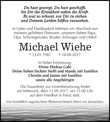 Traueranzeige von Michael Wiehe von WVG - Wochenspiegel Dessau / Köthen