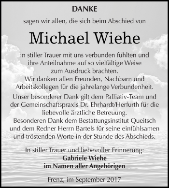 Traueranzeige von Michael Wiehe von WVG - Wochenspiegel Dessau / Köthen