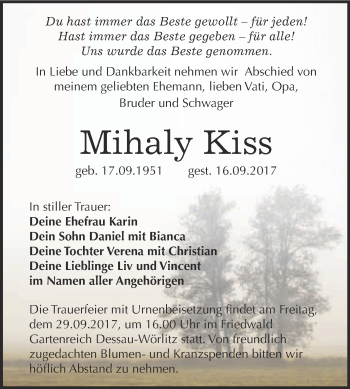 Traueranzeige von Mihaly Kiss von WVG - Wochenspiegel Bitterfeld