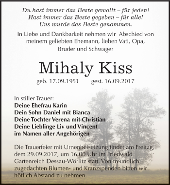 Traueranzeige von Mihaly Kiss von Mitteldeutsche Zeitung Bitterfeld