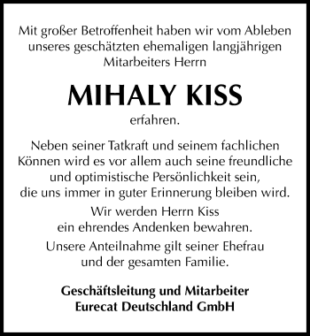 Traueranzeige von Mihaly Kiss von Mitteldeutsche Zeitung Bitterfeld