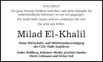 Traueranzeige von Milad El-Khalil von Mitteldeutsche Zeitung Halle/Saalkreis