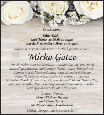 Traueranzeige von Mirko Götze von WVG - Wochenspiegel Merseburg