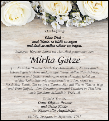 Traueranzeige von Mirko Götze von WVG - Wochenspiegel NMB / WSF / ZTZ