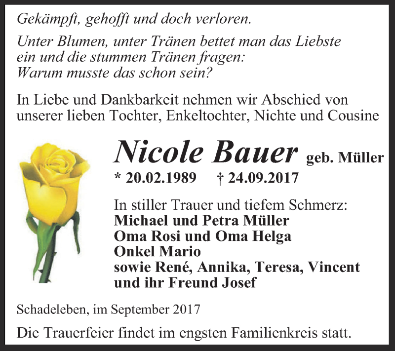  Traueranzeige für Nicole Bauer vom 30.09.2017 aus Super Sonntag Aschersleben