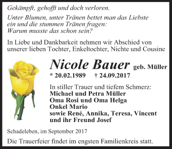 Traueranzeige von Nicole Bauer von Mitteldeutsche Zeitung Aschersleben