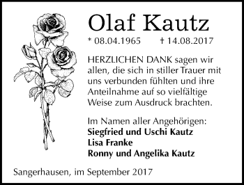 Traueranzeige von Olaf Kautz von Mitteldeutsche Zeitung Sangerhausen