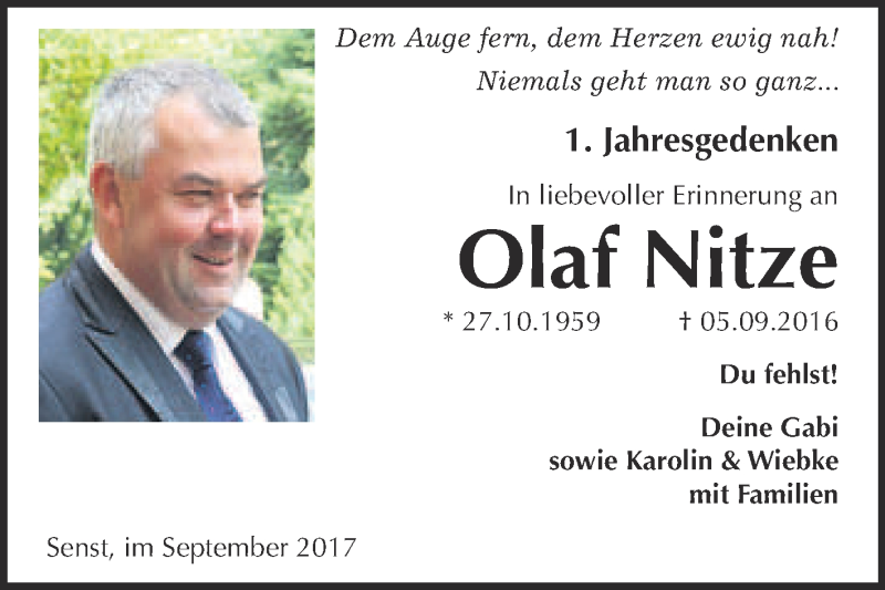  Traueranzeige für Olaf Nitze vom 02.09.2017 aus Super Sonntag Wittenberg