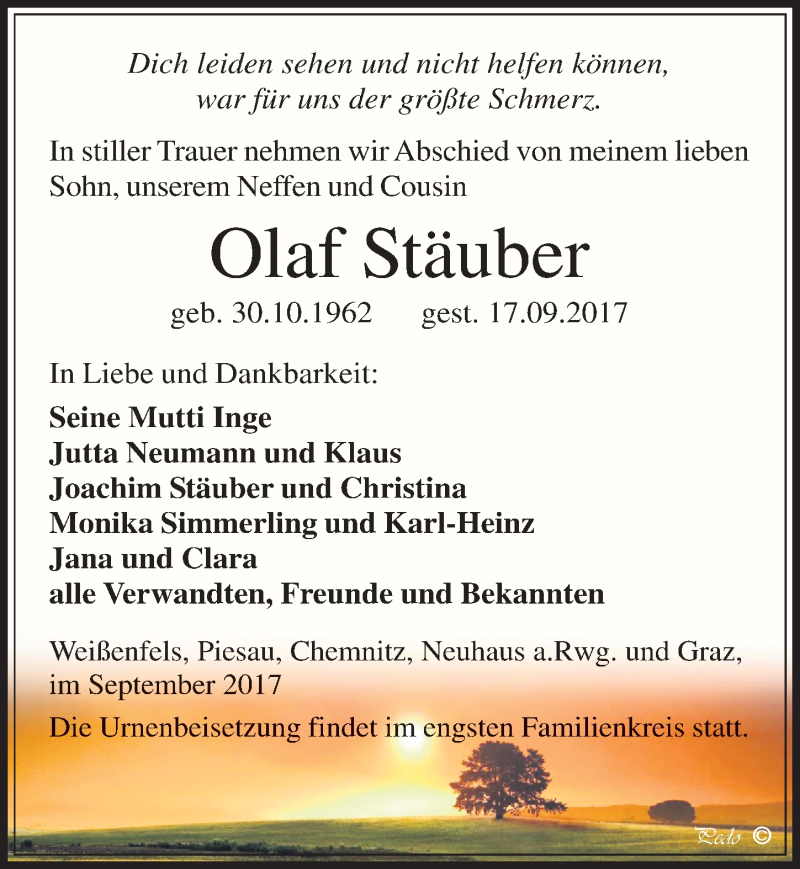  Traueranzeige für Olaf Stäuber vom 23.09.2017 aus Mitteldeutsche Zeitung Weißenfels