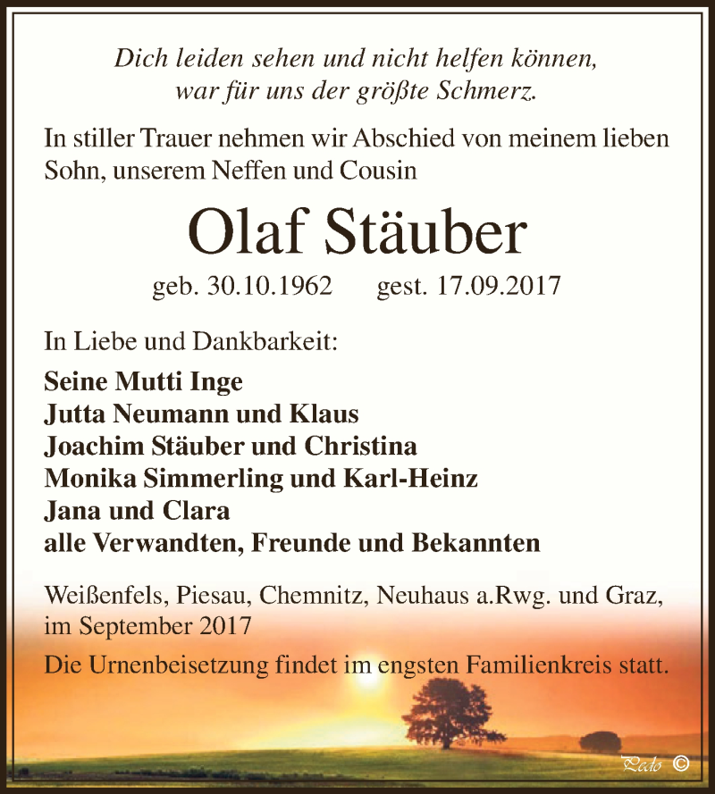  Traueranzeige für Olaf Stäuber vom 27.09.2017 aus WVG - Wochenspiegel NMB / WSF / ZTZ