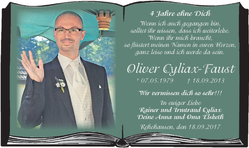  Traueranzeige für Oliver Cyliax-Faust vom 18.09.2017 aus Mitteldeutsche Zeitung Naumburg/Nebra