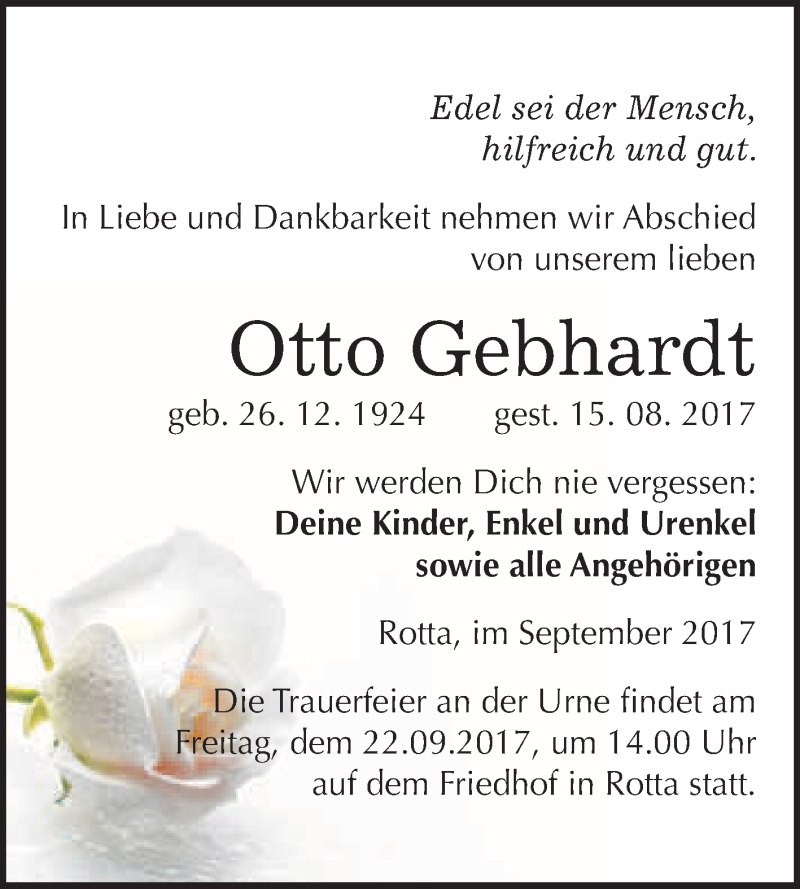  Traueranzeige für Otto Gebhardt vom 09.09.2017 aus WVG - Wochenspiegel Wittenberg