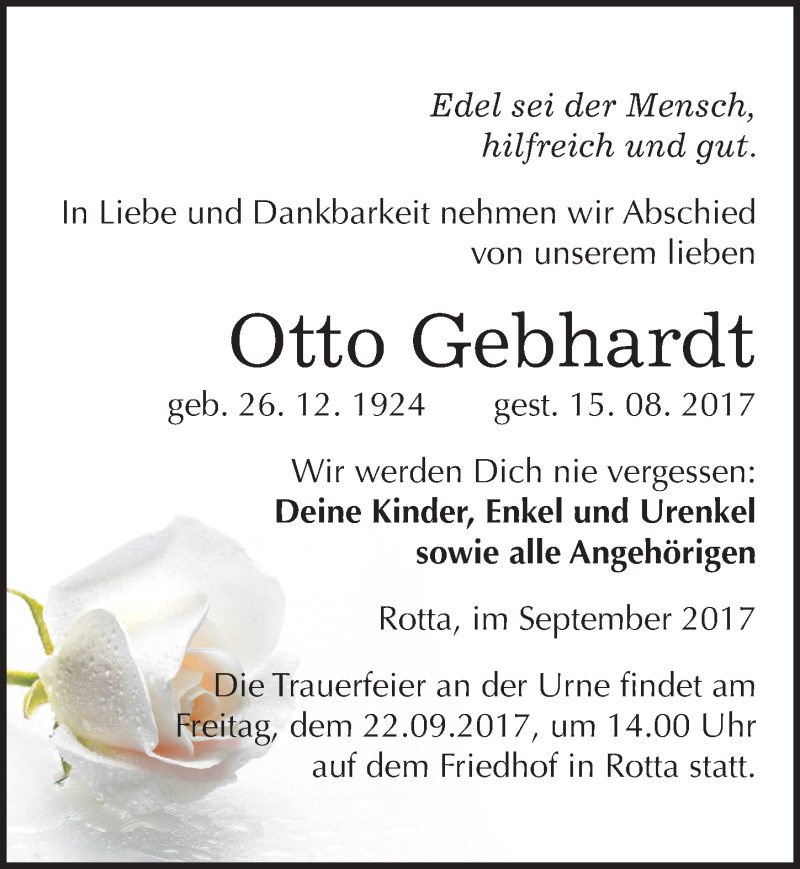  Traueranzeige für Otto Gebhardt vom 09.09.2017 aus Mitteldeutsche Zeitung Wittenberg
