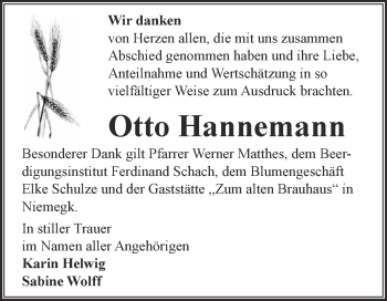 Traueranzeige von Otto Hannemann von Super Sonntag Wittenberg