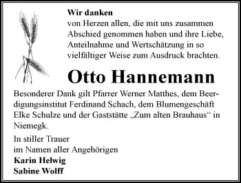 Traueranzeige von Otto Hannemann von Mitteldeutsche Zeitung Wittenberg