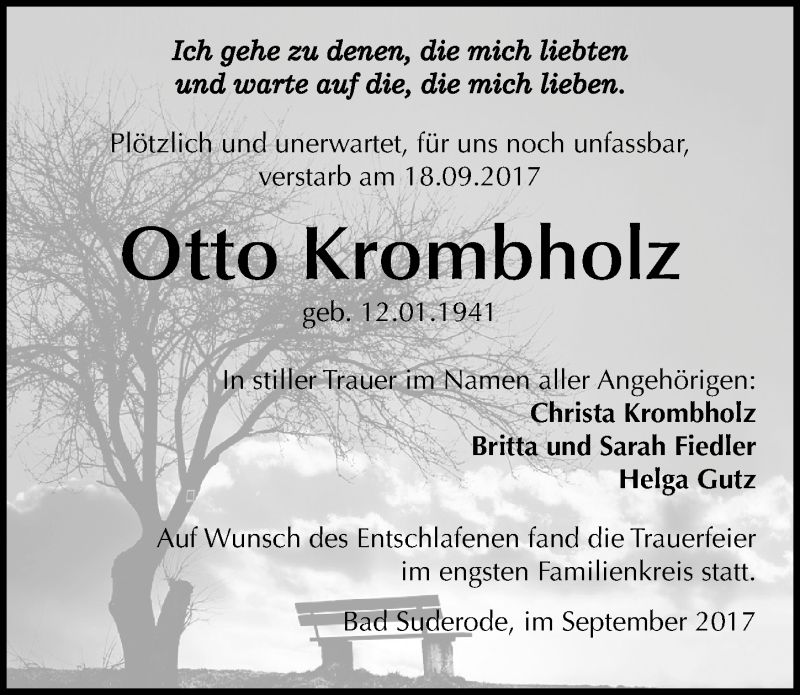  Traueranzeige für Otto Krombholz vom 23.09.2017 aus Mitteldeutsche Zeitung Quedlinburg