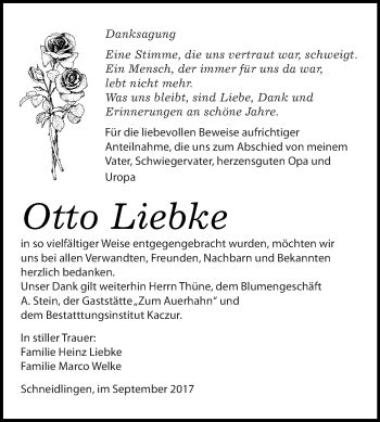 Traueranzeige von Otto Liebke von WVG - Wochenspiegel Quedlinburg