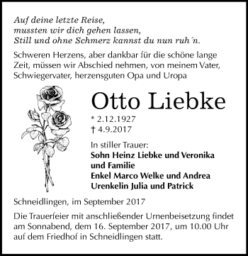 Traueranzeige von Otto Liebke von Mitteldeutsche Zeitung Aschersleben