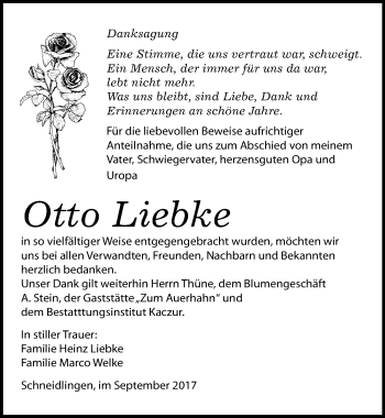 Traueranzeige von Otto Liebke von Mitteldeutsche Zeitung Quedlinburg