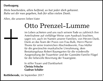 Traueranzeige von Otto Prenzel-Lumme von Mitteldeutsche Zeitung Sangerhausen