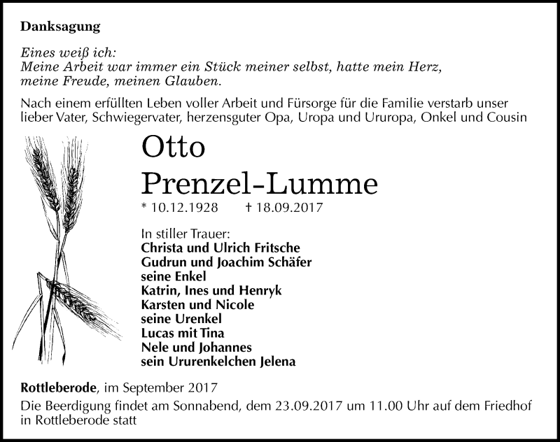  Traueranzeige für Otto Prenzel-Lumme vom 21.09.2017 aus Mitteldeutsche Zeitung Sangerhausen