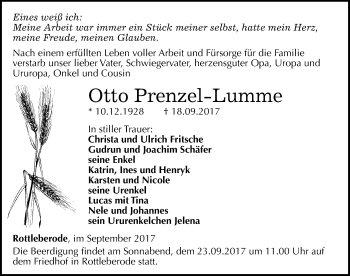 Traueranzeige von Otto Prenzel-Lumme von Mitteldeutsche Zeitung Sangerhausen