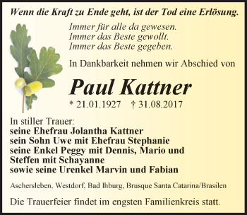 Traueranzeige von Paul Kattner von Mitteldeutsche Zeitung Aschersleben