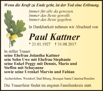 Traueranzeige von Paul Kattner von Super Sonntag Aschersleben