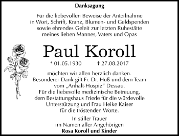 Traueranzeige von Paul Koroll von Mitteldeutsche Zeitung Dessau-Roßlau