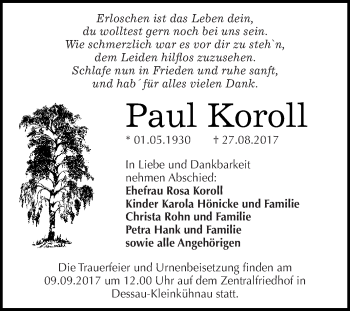 Traueranzeige von Paul Koroll von WVG - Wochenspiegel Dessau / Köthen