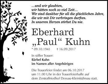 Traueranzeige von Paul Kuhn von WVG - Wochenspiegel Dessau / Köthen